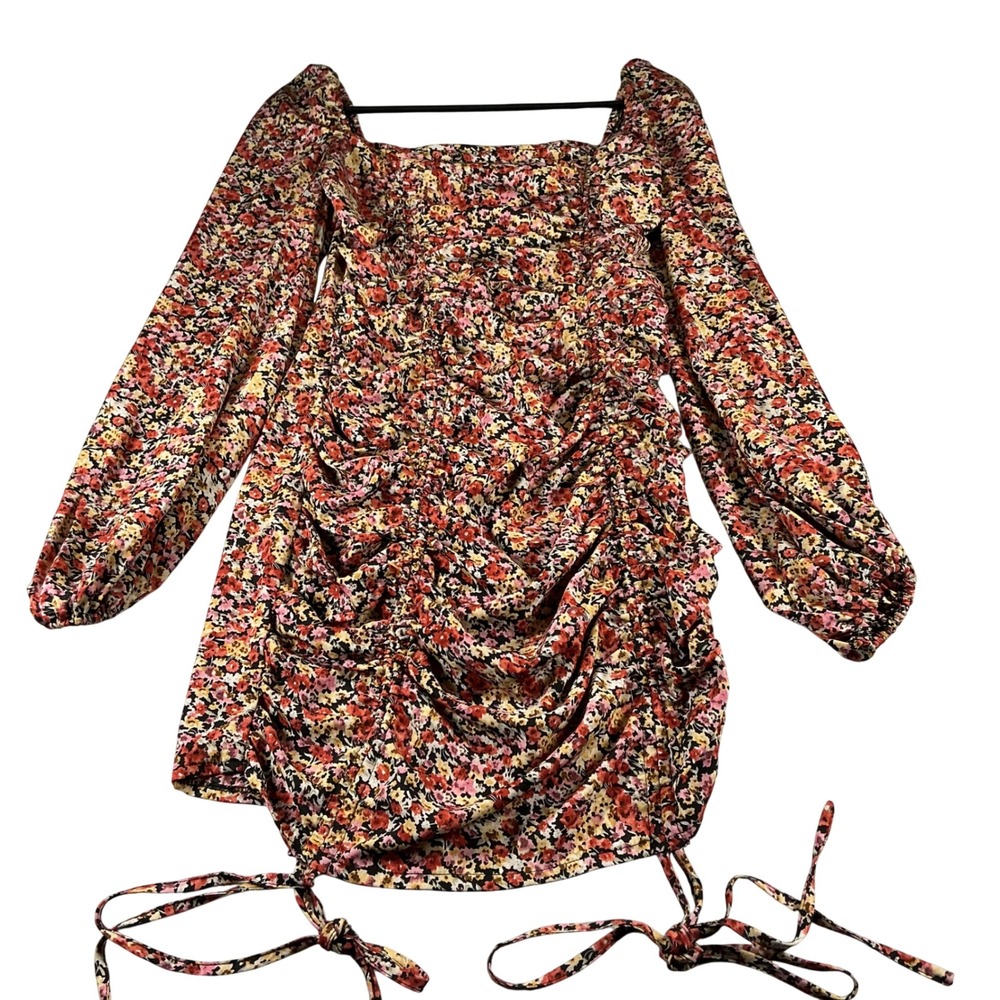 PrettyLittleThing Floral Ruched Mini Dress Long Sleeve Cottagecore Boho Size 10 - Picture 2 of 13